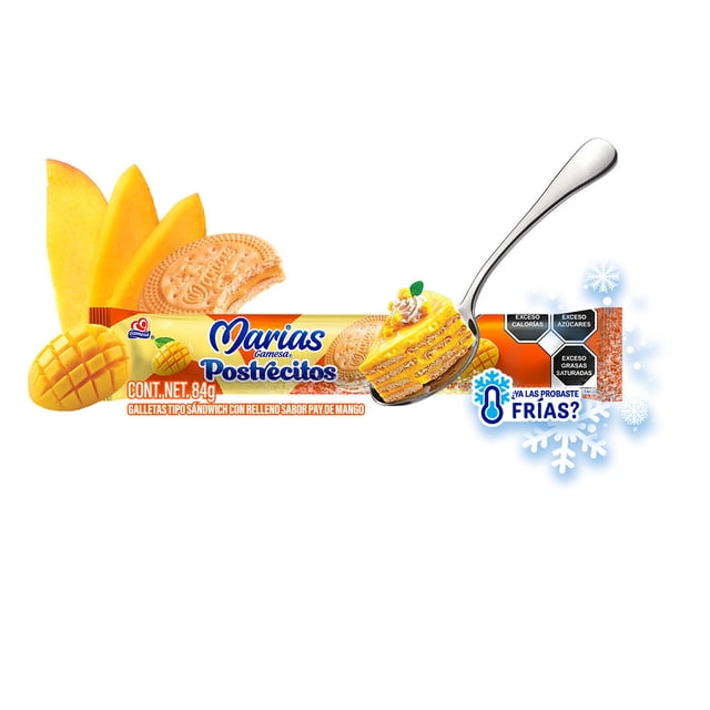 marías postrecitos pay de mango 84 g paquete con galletas sándwich de textura crujiente y relleno cremoso sabor pay de mango; empaque amarillo con rebanadas de mango, postre en cucharilla, texto nutricional y logo Marias visibles.