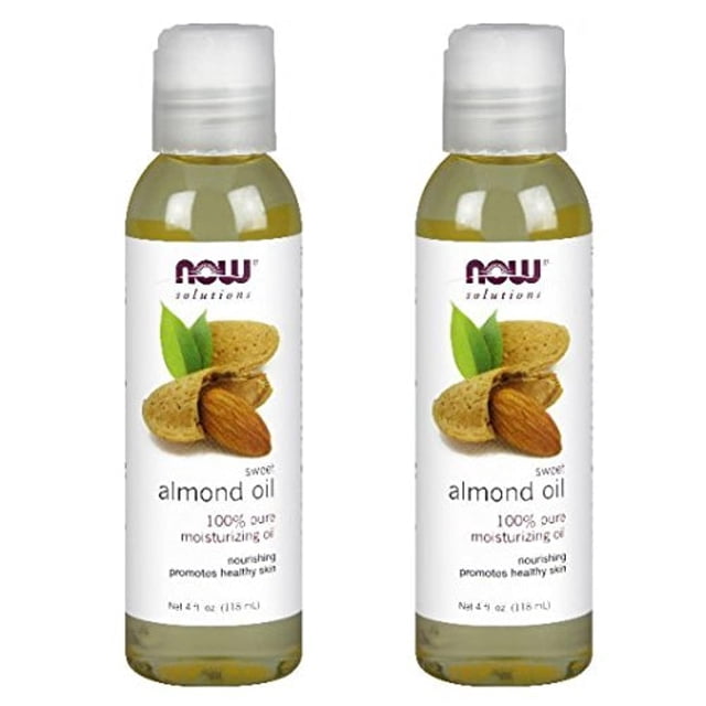 aceite de almendras now foods 120 ml (paquete de 2) par de botellas frontales con tapa blanca, líquido amarillo claro visible y etiqueta blanca con logo NOW e imagen de almendras; 4 onzas (120 ml) cada una, indicado para masaje y hidratación corporal, también usado a menudo como aceite portador para mezclas aromáticas.