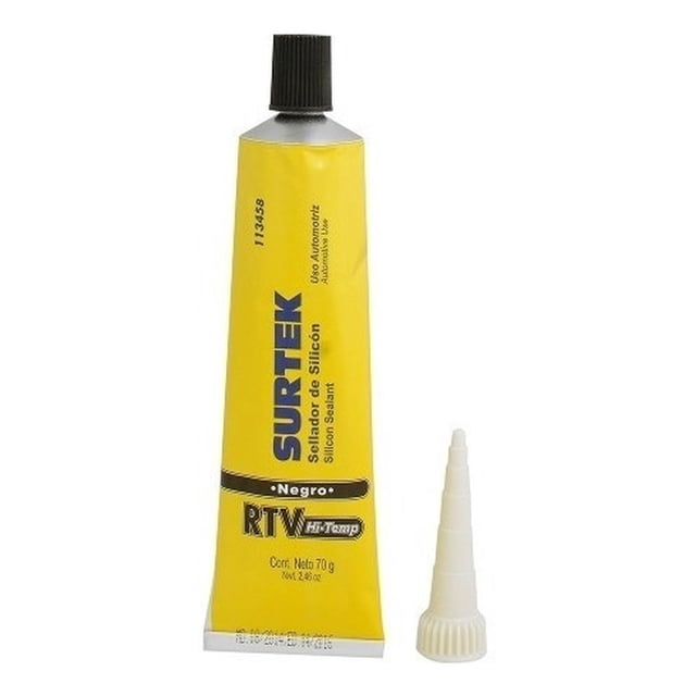 silicón alta temperatura surtek 113458 Tubo amarillo de sellador de silicón negro 70 g con tapa negra roscada y boquilla aplicadora removible a la derecha; etiqueta vertical 'SURTEK' y logo 'RTV Hi-Temp', fórmula que resiste hasta 344°C; suele usarse también para reparaciones rápidas en juntas y escapes automotrices.