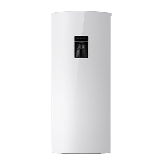refrigerador 6.3 pies hisense con despachador blanco Refrigerador vertical Hisense 179 litros, vista frontal centrada con despachador de agua empotrado en la puerta; acabado esmaltado blanco liso, borde de apertura visible y parte superior curvada. Diseñado para espacios pequeños, incluye control de temperatura y deshielo semiautomático; a menudo usado para enfriar bebidas en oficinas.
