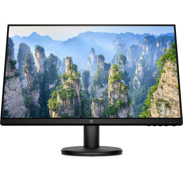 monitor hp v24i fhd 23 pulgadas hdmi pantalla Full HD IPS de 23" con biseles delgados y base circular negra, vista frontal centrada que muestra imagen panorámica nítida; incluye conectividad HDMI y modo de luz azul baja, adecuado para documentos, video y presentaciones y suele usarse también en estaciones de trabajo domésticas compactas.