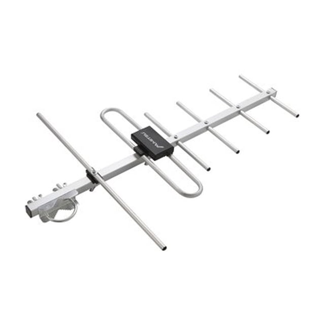 mitzu antena tv aerea antena exterior tipo yagi de aluminio plateado con elementos directores y caja negra central con logo Mitzu, montura en U para poste y conector coaxial; capta señales TV digital HD con ganancia 9 dB; adecuada también para recepción en cabañas o talleres.