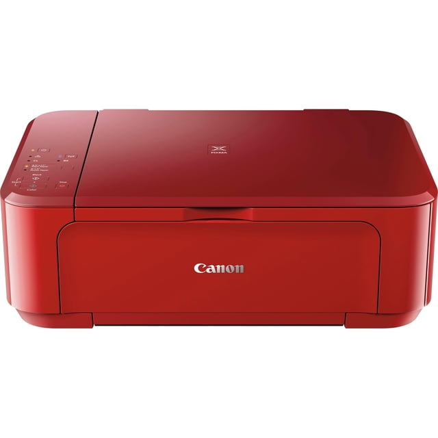 canon - impresora inalámbrica de inyección de tinta a color pixma mg3620 con impresión en dispositivos móviles y tabletas, roja vista frontal centrada de la impresora PIXMA MG3620 roja con bandeja frontal cerrada y logo Canon en la tapa; panel de control izquierdo con iconos de escaneo y copiado, diseño compacto todo-en-uno con escáner y copiadora integrados; compatible con AirPrint, Google Cloud Print, NFC y Canon Print; adecuada para impresión móvil en movimiento.