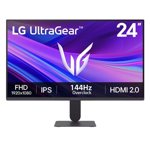 monitor gamming 24 pulgadas lg ips full hd Monitor gaming LG de 24 pulgadas con panel IPS Full HD 1920x1080, bisel ultradelgado y base minimalista en negro; frontal centrado con etiquetas FHD, IPS, 144 Hz (overclock a 144) y HDMI 2.0. Compatible con HDR10, 99% sRGB, AMD FreeSync y G‑SYNC validado; incluye estabilizador de colores oscuros, punto de mira, soporte inclinable -5° a 20° y se puede montar en pared. Adecuado para estaciones de streaming y configuraciones de múltiples monitores.