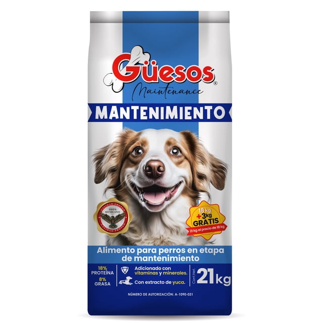 alimento para perro güesos maintenance adulto 21 kg Bolsa frontal vertical de Güesos Mantenimiento 21 kg, logo rojo Güesos arriba, banda azul con la palabra MANTENIMIENTO, foto centrada de un perro adulto blanco y castaño sonriendo, sello amarillo que indica 18 kg + 3 kg gratis, panel inferior azul con íconos que muestran 18% proteína y 8% grasa y texto que menciona vitaminas y extracto de yuca.
