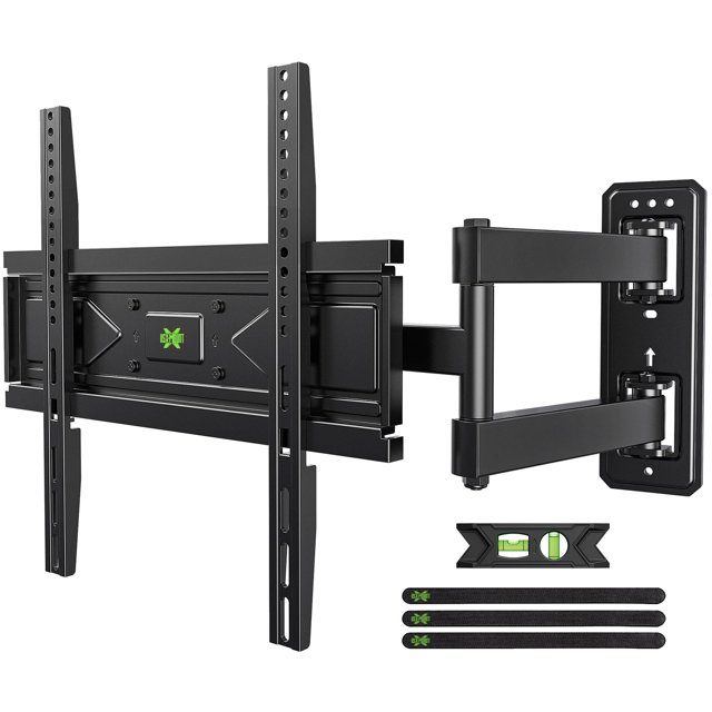usx mount soporte de pared para tv de esquina para televisores de 26 a 60 pulgadas de hasta 80 libras, brazo articulado único, soporte de pared para tv de movimiento completo con giro e inclinación, m Vista 3/4 de un soporte de pared negro USX MOUNT con placa de pared rectangular y brazo articulado doble que sostiene un marco vertical compatible VESA; se ven ranuras y orificios de montaje, un nivel de burbuja y tres correas para cables. También suele usarse para montar monitores en esquinas gracias a su brazo extensible.