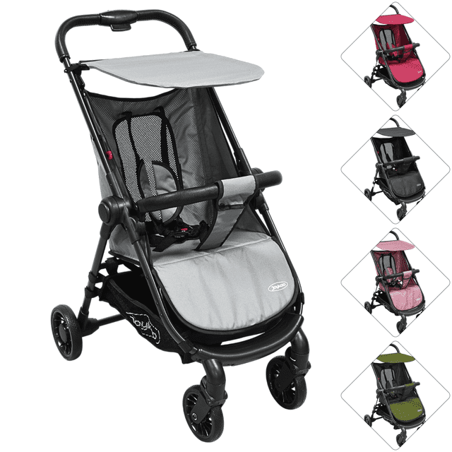 carriola para bebé ligera plegable ruedas de goma cinturón 5 puntos toldo apta desde 12 meses hasta 16 kg - gris Carriola JOYKOO vista frontal 3/4 con toldo corto desplegado, manija acolchada, asiento con panel de malla y cinturón de 5 puntos, posa brazos acolchado, amplia cesta inferior y chasis negro; ruedas de goma delanteras giratorias 360° y traseras con freno, plegado con una sola mano; también suele usarse para llevar accesorios de bebé en viajes.