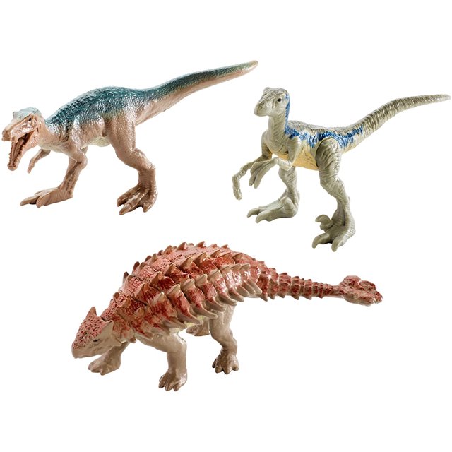 figura de acción jurassic world mini dino, paquete de 3 unidades, más de 3 años — tres figuras coleccionables a escala Matchbox: terópodo bípedo con boca abierta y textura escamosa beige y verde azulado; dromeosáurido erguido con detalles azul claro sobre gris y articulación en patas; anquilosaurio acorazado con placas rojizas y cuerpo beige. Fondo blanco; adecuado para recrear escenas de película y jugar en viaje.