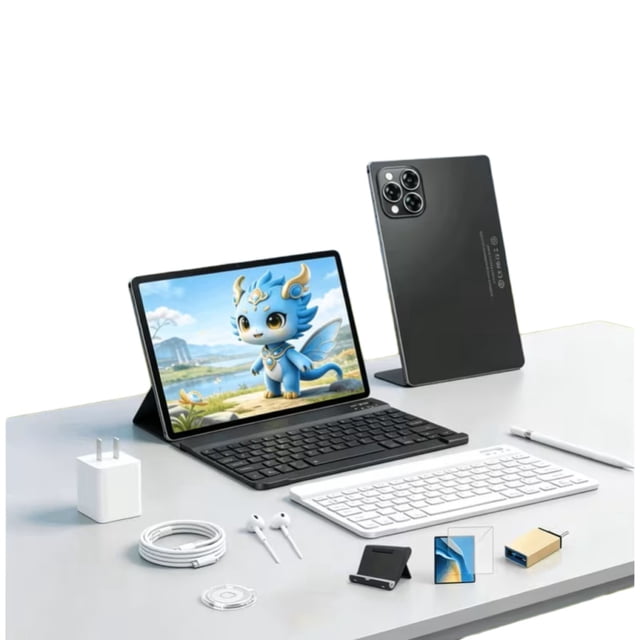 tablet pro 12 hancdon 11.6" android 14, 16gb ram, 1tb, teclado mouse: Vista 3/4 frontal de la Hancdon PRO12 negra con funda soporte y teclado inalámbrico desplegado; pantalla IPS 11.6" 2560×1600 mostrando ilustración, teclado y mouse blancos junto a lápiz óptico, audífonos, cable tipo-C y cargador sobre mesa blanca; panel trasero con módulo de cámara visible. También suele usarse para presentaciones y toma de notas en movilidad.