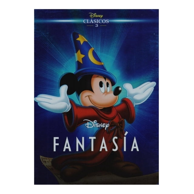 fantasia disney clasicos 3 pelicula dvd disney pixar fantasia disney clasicos 3 pelicula dvd Carátula frontal del DVD con Mickey Mouse como mago (sombrero azul con lunas y estrellas, túnica roja) sobre fondo azul radiante; texto “FANTASÍA” y logo Disney; audio y subtítulos en inglés y español, duración aprox. 124 min.; apto para coleccionistas y proyecciones familiares.