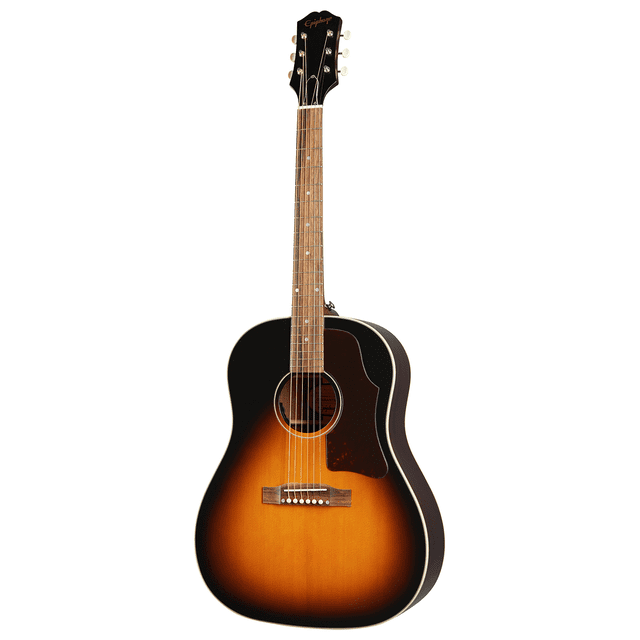 guitarra electroacústica dreadnought epiphone j-45 avs aged vintage sunburst epiphone j-45, vista frontal de dreadnought de hombros inclinados con acabado aged vintage sunburst, cuerpo de caoba con tapa de abeto Sitka sólida, aros y fondo de caoba sólida, puente Reverse Belly con montura de hueso, diapasón de laurel indio de 20 trastes medium jumbo y puntos de madreperla, clavijero 3+3 con botones marfil, preamplificador Fishman Sonitone y controles montados en la boca, escala 24.72 pulgadas.