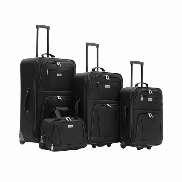 set de 3 maletas y neceser fly & trip medellín color negro set de maletas trolley 20", 24" y 28" con neceser 15" en poliéster 600D; vista frontal con carros telescópicos extendidos, asas superior y lateral, dos ruedas por unidad, bolsillos frontales, forro 170T y diseño expandible, a menudo usado como equipaje adicional para viajes cortos o escapadas.