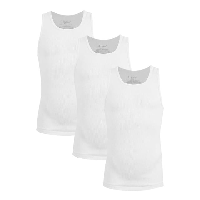 camiseta hanes red label para hombre, 3 piezas blanco talla g — tres camisetas interiores blancas sin manga en vista frontal, corte atlético con escote redondo, tejido acanalado 100% algodón y etiqueta interna impresa; ajuste clásico para uso diario y deportivo, también suele usarse como capa base para actividades y deportes.