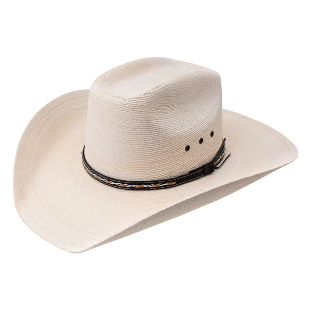 Sombrero Stetson SSSQRE-7940 de Palma Natural con Ala de 10 cm y Copa de 11 cm, vista 3/4 frontal de sombrero vaquero de palma color natural; ala ancha de 10 cm curvada, copa de 11 cm con hendidura superior, tres ojales laterales negros para ventilación y cinta negra trenzada con detalle decorativo en la base de la copa. A menudo usado como sombrero de viaje por su ligereza.