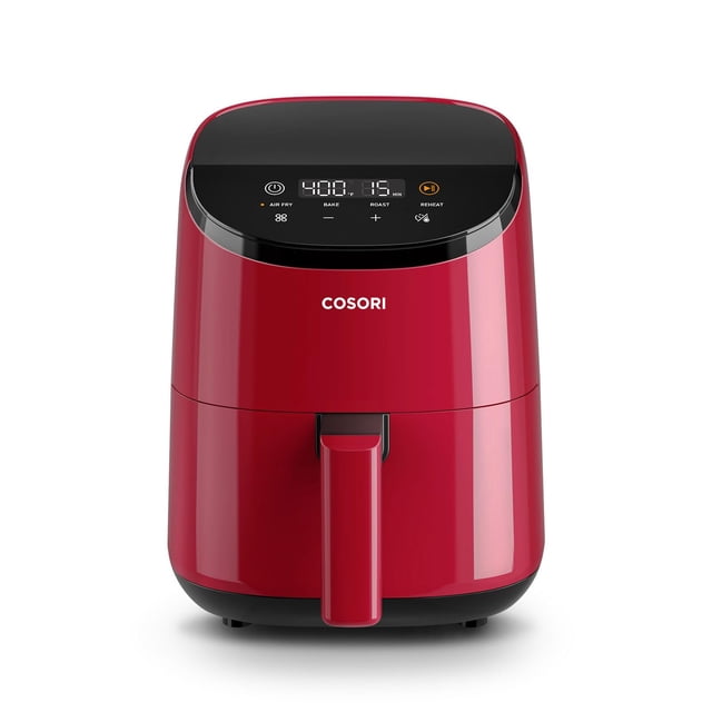 cosori air fryer 2.1 qt, mini freidora de aire pequeña 4 en 1, hornear, asar, recalentar, 97% menos aceite, compacta y silenciosa, canasta antiadherente y apta para lavavajillas, 30 recetas en la apli vista frontal centrada de la mini freidora COSORI Lite roja (CAF-LI211); panel táctil negro con indicadores de temperatura y tiempo, asa frontal y canasta extraíble antiadherente de 5.9 x 6.2 x 3.5 in apta para lavavajillas; dimensiones 10.1 x 8.3 x 10.5 in, 900W, 4 funciones preestablecidas para porciones individuales; a menudo usada para calentar snacks y acompañamientos.