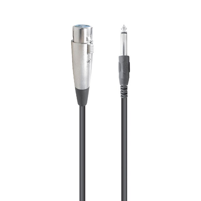 mitzu cable p/microfono canon-ploga mitzu 116160 cable XLR hembra a plug de 6m, vista frontal centrada de los conectores: XLR hembra metálico plateado con base negra y plug de 6.3 mm con carcasa negra y punta metálica; cable negro liso, compatible con micrófonos, mezcladoras y amplificadores; también suele usarse para conexiones de sonido en presentaciones en vivo.