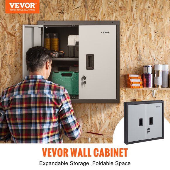 Gabinete de pared plegable VEVOR casillero de garaje de metal montado cofre de herramientas 26 pulgadas Capacidad de carga 240 libras estante ajustable