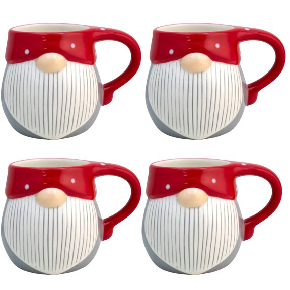 Juego de 4 Tazas Cerámica Diseño Relieve Gnomo Nórdico Minimalista Navideño para Bebidas Calientes, Capacidad 400 ml