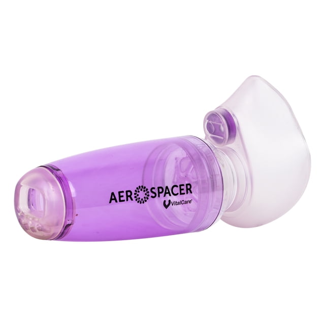 aerocámara premium aerospacer con mascarilla y boquilla - juvenil, espaciador violeta translúcido en 3/4 con boquilla frontal y mascarilla facial transparente; policarbonato de 215 ml con visor contador de inhalaciones y válvula unidireccional visible, entrada universal para inhalador de dosis medida y mascarilla ergonómica 7 x 10 cm. Antiestático y con señal sonora para inhalaciones demasiado rápidas; también suele usarse para prácticas de control respiratorio no médico.