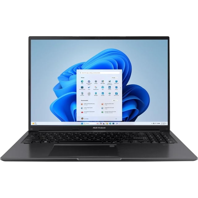 laptop asus vivobook 16 f1605va intel core i7-1355u 16gb ram 512gb ssd 16" wuxga vista frontal abierta en color Indie Black, pantalla 16" WUXGA con Windows 11 en escritorio, teclado completo con teclado numérico y panel táctil centrado, marcos delgados y acabado oscuro; ideal para productividad y multitarea según especificaciones.