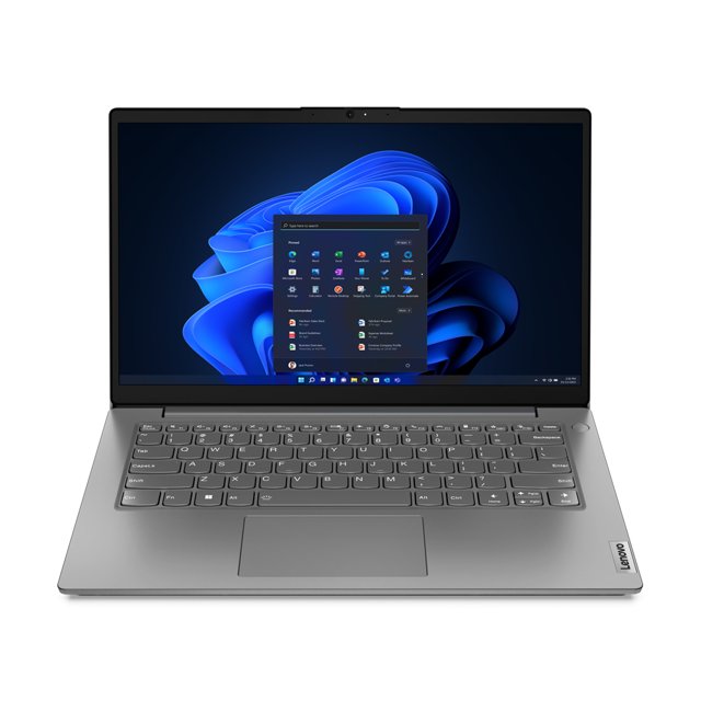 laptop lenovo v14 g4 iru intel core i7 1355u ram 16gb ddr4 ssd 512gb pantalla 14' led w11p vista frontal de portátil Lenovo V14 G4 en acabado gris, pantalla LED de 14" con Windows 11 Pro visible, teclado tipo chiclet y touchpad centrado; especificado con Intel Core i7 1355U, 16GB DDR4 y SSD 512GB, suele usarse como portátil empresarial y para trabajo remoto.