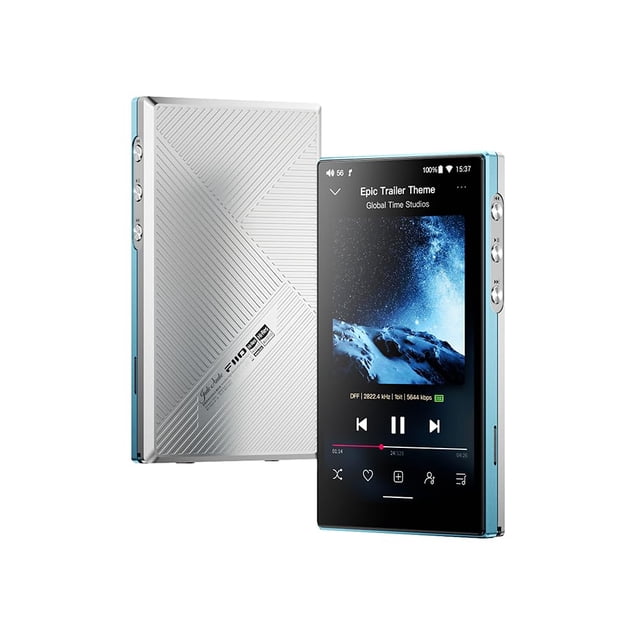 reproductor de música jadeaudio/fiio jm21 android 13 hi-res mp3 sky blue nuevo DAP portátil con pantalla HD de 4.7 pulg., vista frontal con interfaz de reproducción y vista trasera con patrón geométrico metálico; bordes en azul cielo, botones físicos laterales visibles, 0.512 in de grosor y 12.5 h de batería; también adecuado para controlar apps de streaming en movilidad.