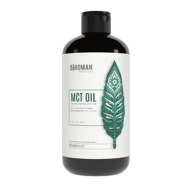 birdman liquido mct aceite acido caprilico 270 ml botella negra con etiqueta blanca y verde; vista frontal con texto 'MCT OIL' y diseño de hoja verde, tapa de rosca negra, marca BIRDMAN visible, presentación líquida para suplementos, a menudo usada como fuente rápida de triglicéridos de cadena media en regímenes cetogénicos.