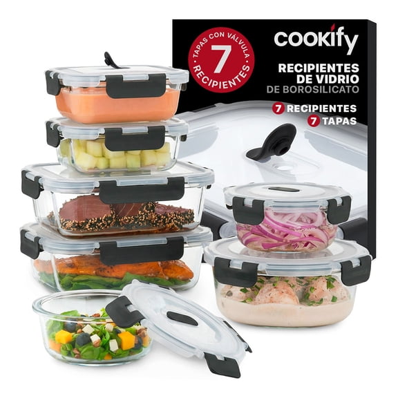 Set 7 Recipentes De Vidrio Cookify, Tapa Hermética | Recipientes Contenedores Sin Bpa, Aptos Para Horno, Congelador