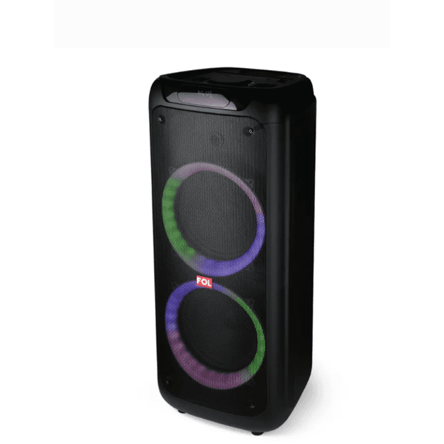bocina party speaker bt fol fs-l2210 30wx2 + 10w portatil Vista frontal 3/4 de torre bocina FOL negra con dos drivers circulares detrás de rejilla frontal y anillos LED multicolor activos, panel superior con controles y asa integrada, diseño rectangular de pie sobre fondo blanco; suele usarse en eventos y reproducción vía BT.