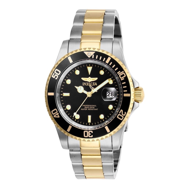 reloj invicta 26973 hombre acero cuarzo 40mm esfera negra con bisel negro y borde dorado, marcadores y agujas luminosas, lupa de fecha a las 3, pulsera bicolor acero y dorado, resistente al agua, vista frontal centrada.