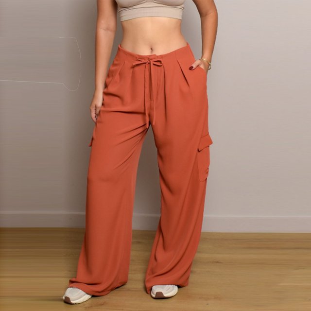 TaTaai Women's Loose Casual Solid Color Straight Cargo Long Pants Drawstring Elastic Waist Comfortable Work Pants with Pockets Breathable Soft All Season Daily Commute Wear Gift