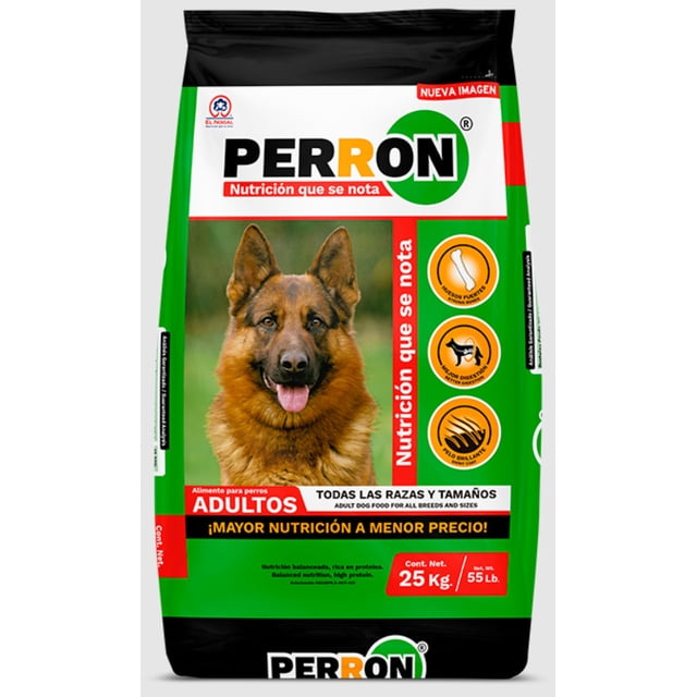 croquetas para perro perron adulto razas grandes 25 kg bolsa frontal verde y blanca con logo Perron, foto de un pastor alemán en primer plano, banda roja con texto "Nutrición que se nota", iconos circulares que indican soporte articular y proteína, y rótulo de peso 25 kg (55 lb).