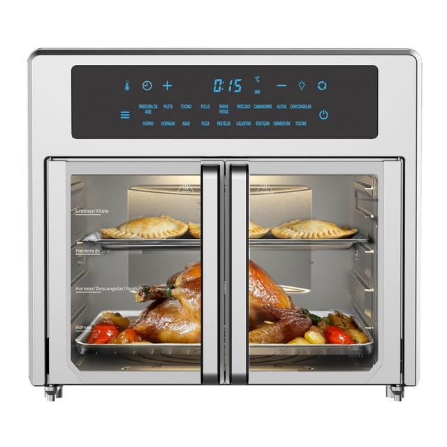horno electrico y freidora de aire, panel digital con 18 funciones, tamaño xl 25 lts avera hpf01 Vista frontal de un horno plateado Avera Digital de 25 L con puertas francesas y panel digital negro que muestra iconos azules y un temporizador; interior con parrillas y dos charolas con un pollo rostizado y empanadas, puertas de vidrio y exterior en acero inoxidable. A menudo se usa también para recalentar y dorar porciones pequeñas.