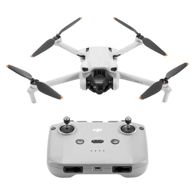 dron dji mini 3 dron (gl) Gris, vista frontal 3/4 del dron plegable con cardán y cámara en primer plano; control remoto gris abajo. Hélices de cuatro brazos con puntas naranja y tren de aterrizaje visible. Especificado para video 4K HDR, hasta 38 min de vuelo y transmisión hasta 10 km; compatible con True Vertical Shooting para contenido en redes sociales.