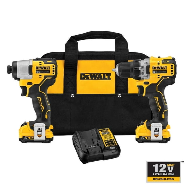 Kit de taladro inalámbrico y destornillador de impacto de impacto sin escobilla Dewalt, 12V MAX DCK221F2 (Reacondicionado)