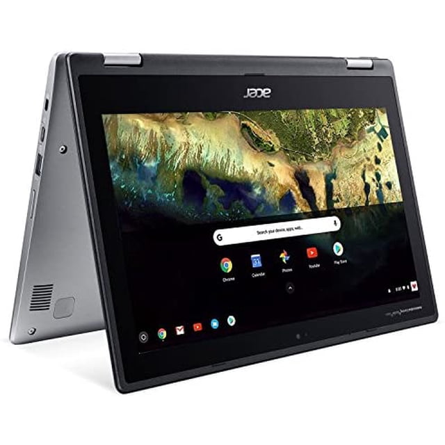 laptop acer chromebook spin 11.6'' chrome os 4gb 32gb emmc Convertible Acer Chromebook Spin 11.6'' en modo tienda (tent), vista 3/4 frontal; pantalla táctil HD mostrando la barra de búsqueda de Chrome, bisagras 360° para rotación, carcasa gris con teclado físico en inglés visible, puertos en el lateral y rejilla de altavoz; a menudo usado para tareas, apps de Google y estudio ligero.