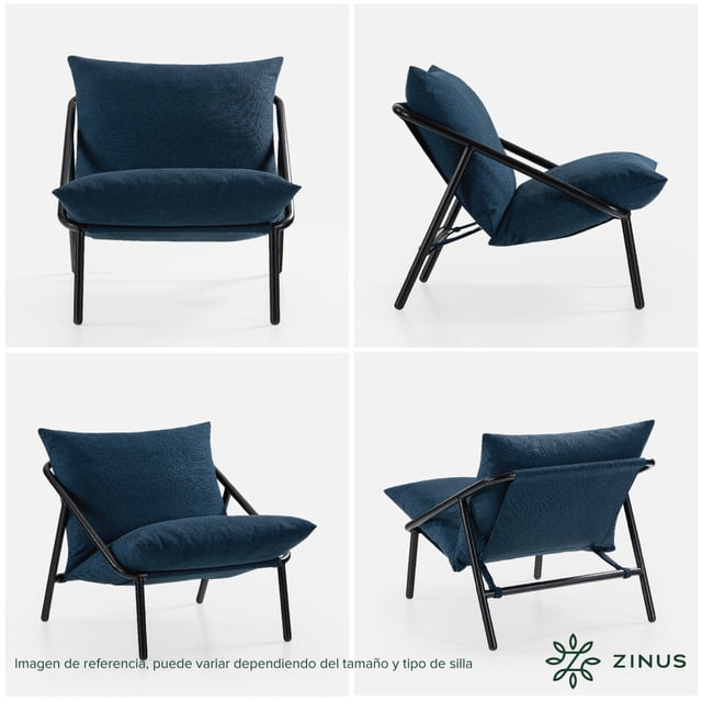 silla de metal zinus ada con cojines de memory foam color azul marino silla de silueta cuadrada con estructura de acero negra y cojines azul marino rellenos de espuma triturada; collage con vistas frontal, lateral y trasera que muestran respaldo y asiento acolchados y patas anguladas; enviada en caja con piezas e instrucciones para armar en menos de 30 min; a menudo usada como sillón de lectura en espacios pequeños.