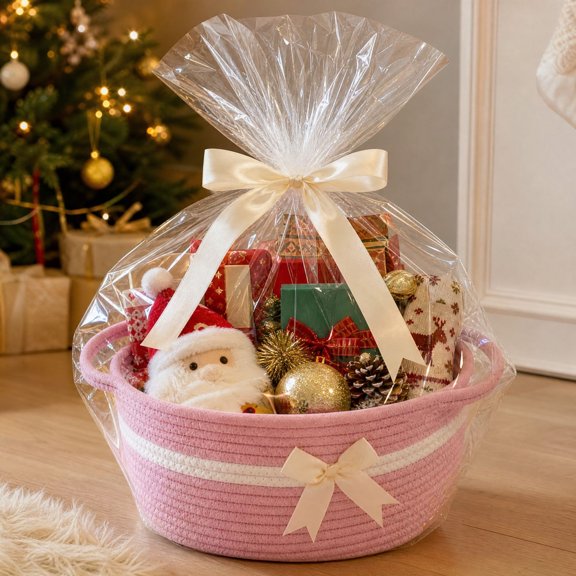 Cesta de regalo de cuerda de algodón con asas, contenedor de almacenamiento tejido con lazo y bolsa de regalo transparente para regalos navideños.