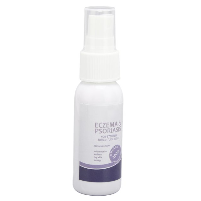 spray para la psoriasis anggrek 2 extractos de hierbas para eliminar infecciones — frasco blanco con atomizador en vista frontal, botella cilíndrica de plástico con etiqueta lila que muestra texto 'Eczema & Psoriasis' y tapa transparente; especificación: 2 sprays, material orgánicos, uso para cara y cuerpo según ficha del producto.
