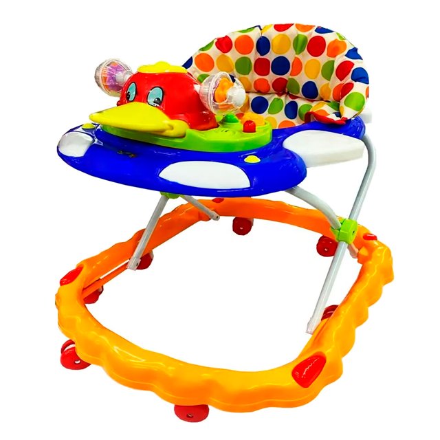 andadera aeiou pato anaranjado azul 3 niveles 3/4 frontal, andadera para bebé color anaranjado con tablero musical desmontable en azul y verde, asiento acojinado con estampado de círculos multicolor, base anaranjada con 8 llantas y estructura metálica ajustable en 3 niveles; ideal para que el bebé practique balanceo de pies en interiores seguros.