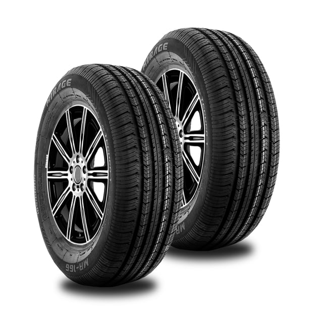 2 llantas 185 60 r15 mirage mr-166 84h par de neumáticos Mirage MR-166 185/60 R15 84H en color negro, vista 3/4 frontal con banda de rodamiento simétrica y canales de desagüe longitudinales visibles; costado muestra marcaje MR-166 y nombre Mirage, montadas en rines sobre fondo blanco, a menudo usadas también para exhibir rines durante transporte o almacenaje.