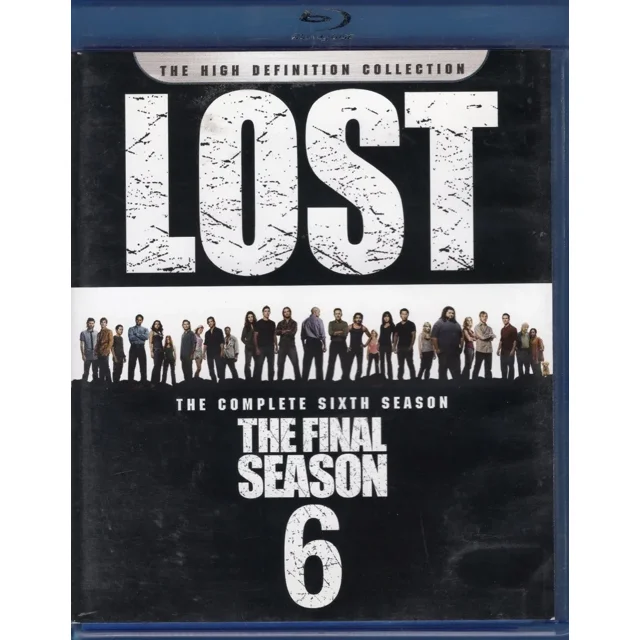 lost sexta temporada 6 seis blu-ray abc studios portada frontal con LOGO LOST en blanco texturizado sobre fondo negro, fila de personajes en silueta centrada, texto "The Complete Sixth Season" y "The Final Season 6" en blanco, estuche Blu-ray azul.