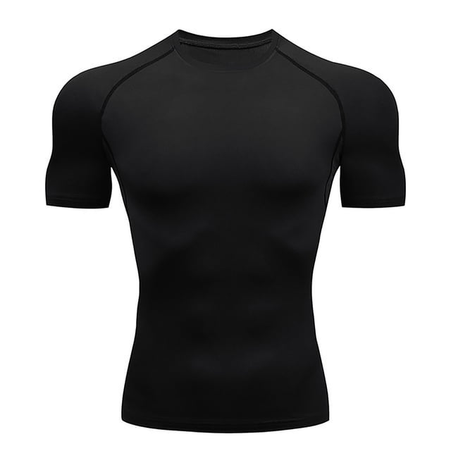 camisas de compresión para hombre camisas de compresión de manga corta de secado fresco camisetas deportivas camisa de entrenamiento atlético para correr deportes fitness anggrek otros camiseta de compresión, vista frontal centrada con silueta ajustada, costuras raglán visibles, tejido liso y elástico (poliéster y poliuretano), cuello redondo y mangas hasta medio bíceps; adecuada para entrenamiento y a menudo usada como capa base en climas cálidos.