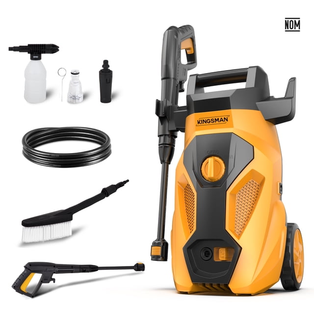 hidrolavadora eléctrica portatil 2000 psi 1600w + accesorios kingsman hidroking2000 vista frontal centrada de la hidrolavadora naranja Kingsman con asa superior y ruedas; pistola de presión montada, lanza con boquilla ajustable, manguera enrollada de 5 m, aplicador de jabón (generador de espuma), cepillo con conector y adaptador con filtro. Medidas 32.9x26x47 cm; 120V/60Hz, 1600 W, 2000 PSI, 6 L/min, peso 6 kg. Ideal para lavar autos, pisos y áreas exteriores; también se usa para enjuagar herramientas de jardín.