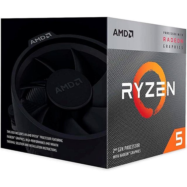 procesador amd ryzen 5 3400g de tercera generación, 3.7 GHz hasta amd ryzen 5 3400g caja frontal en negro y gris con ventilador AMD Wraith Spire visible, logotipo RYZEN naranja sobre fondo texturizado, número 5 en esquina, Radeon RX Vega 11 Graphics, 4 núcleos de CPU y overclock disponible.
