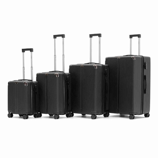 set de 4 maletas abs compass miami de 16", 20", 24" y 28" color negro, fila frontal 3/4 con cuatro maletas rígidas ABS negras y textura acanalada vertical; ruedas dobles giratorias 360°, mangos telescópicos en 3 alturas extendidos, asas superior y lateral, cerraduras de combinación y la de 28" con borde expandible; ideal para viajes familiares y a menudo usado también para guardar equipo de temporada.