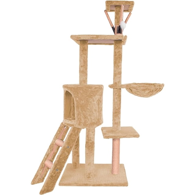 torre para gatos bluelander café multicolor con múltiples niveles: base cuadrada, cueva acolchada tipo cubo, plataformas escalonadas, hamaca lateral y escalera; poste rascador vertical forrado en tono rosa y felpa café claro para juego y relajación del felino.