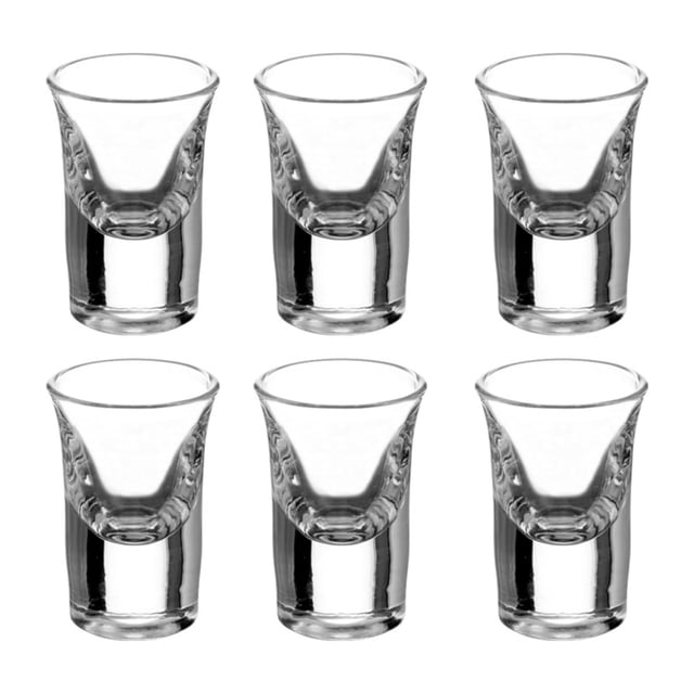 set de 6 tequileros mini cónico VITTORI, frontal con seis vasos de vidrio claro en dos filas sobre fondo blanco; base gruesa y cuerpo cónico que se estrecha hacia la boca, superficie lisa y reflectante, pensado para servir tequilas y licores en reuniones; también suele usarse como vaso de degustación compacto.