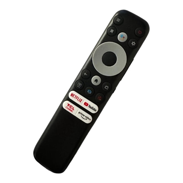 control compatible con tcl smart tv series 5 qled 4k uhd negro 16 mando a distancia negro en 3/4, silueta alargada con rueda direccional circular plateada, botones de navegación y volumen, botones dedicados con etiquetas de Netflix, YouTube y Prime Video visibles, acabado mate; compatible con pantallas TCL Android Smart TV, usa 2 pilas AAA (no incluidas); también suele usarse para controlar reproductores multimedia portátiles.