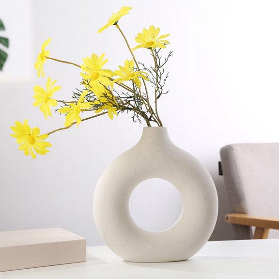 Florero nórdico con forma de anillo, floreros decorativos modernos, florero de cerámica, florero de arte moderno, florero redondo, flores secas, floreros hechos a mano para decoración del hogar